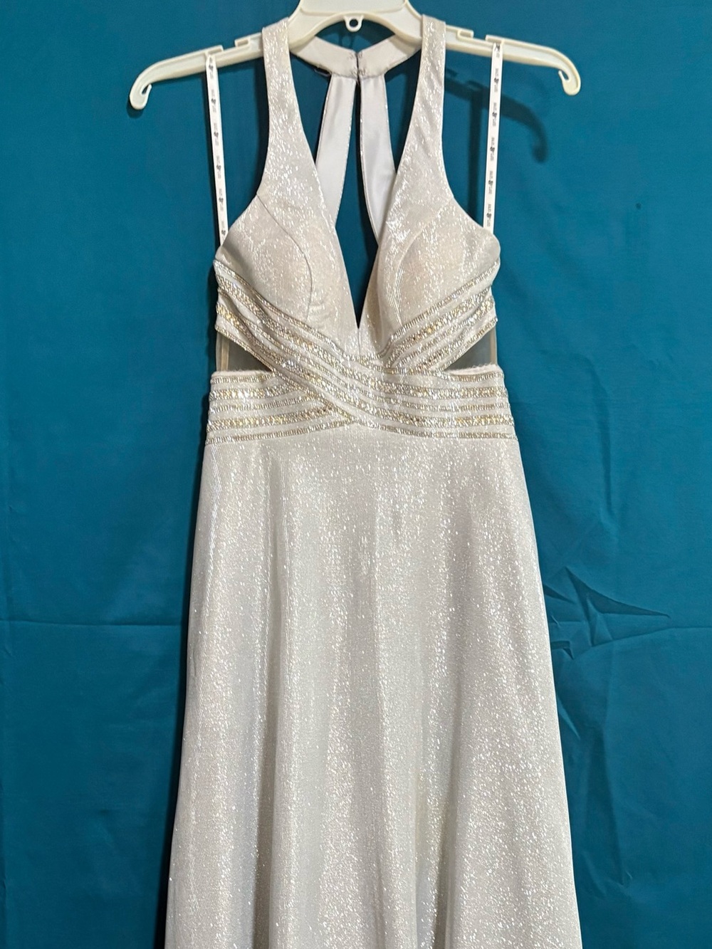Jules & Cleo Sparkling White Halter Wedding Dress with Beaded Waist